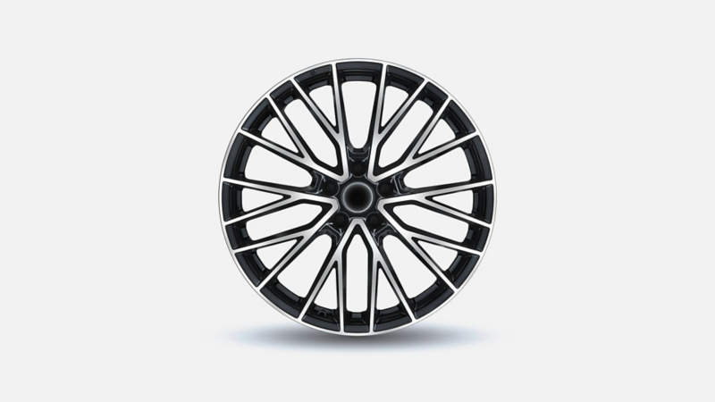 Zwart gepolijste lichtmetalen velg met een meerspaaks design voor een Volkswagen Caddy.