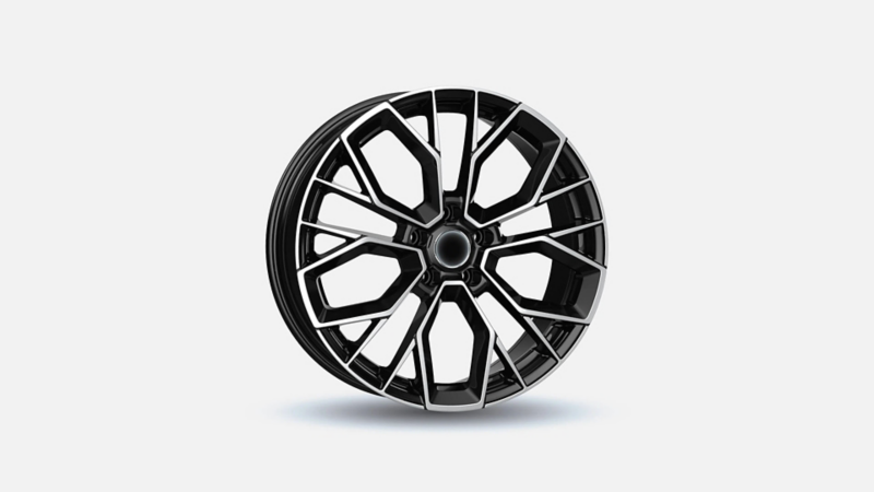 Zwart gepolijste lichtmetalen velg met een complex geometrisch spaakdesign voor een Volkswagen ID. Buzz Cargo.