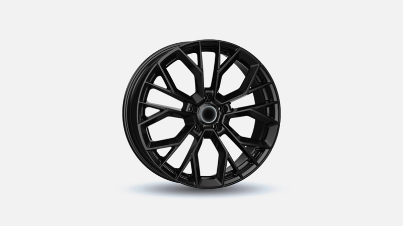 Hoogglans zwarte lichtmetalen velg met een complex Y-spaak design voor een Volkswagen Transporter 6.1.