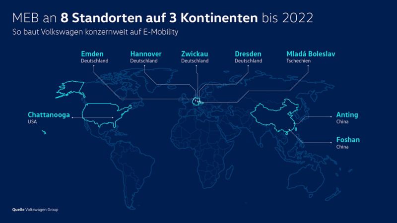 Weltkarte mit MEB produzierenden Volkswagen Standorten