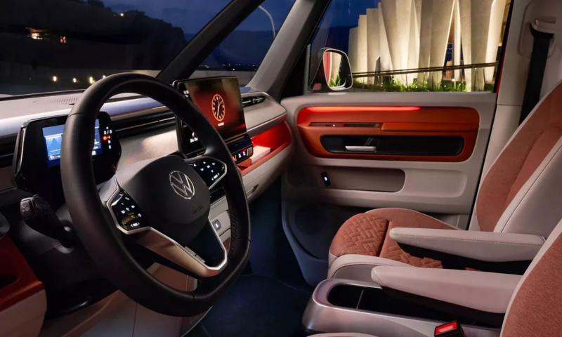 Detailbeeld van het interieur van de ID. Buzz met ingeschakelde sfeerverlichting