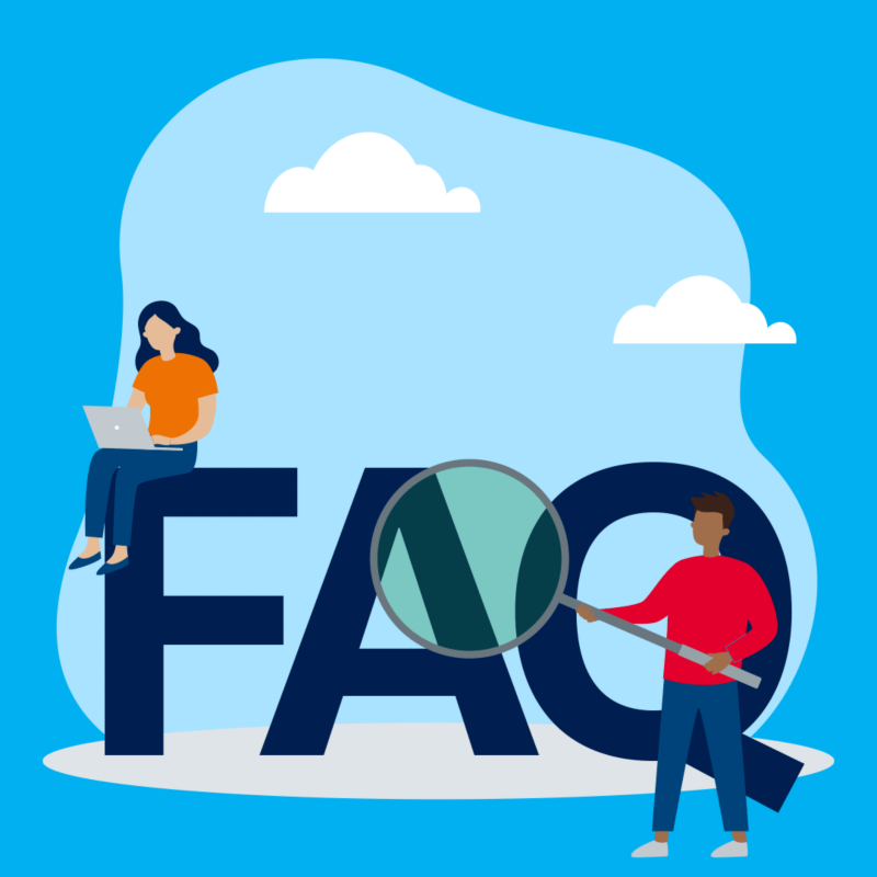 Two people in front of a FAQ sign