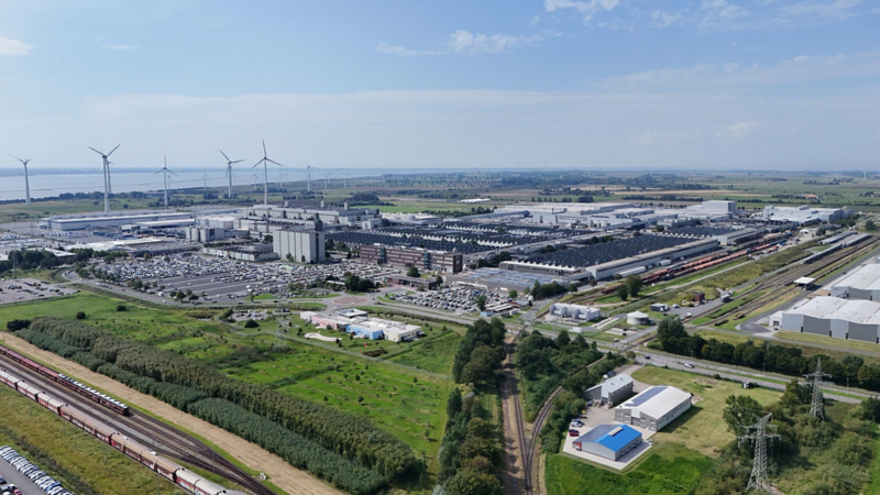 Aerial view of the Volkswagen plant in Emden overlooking the River Ems