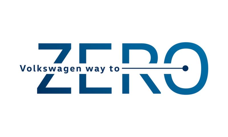 Blå text "Volkswagen way to zero" med vit bakgrund.