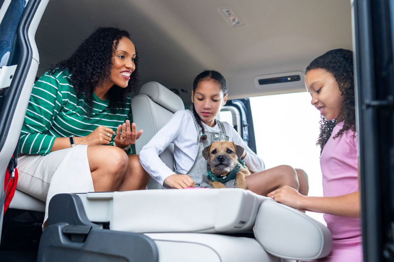 A family playing a game on a folded-down seat inside of a VW ID. Buzz with a small dog sat with them.