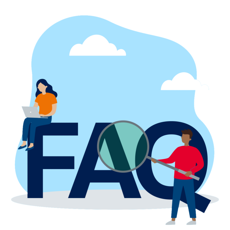 Two people interacting with FAQ sign in VW design
