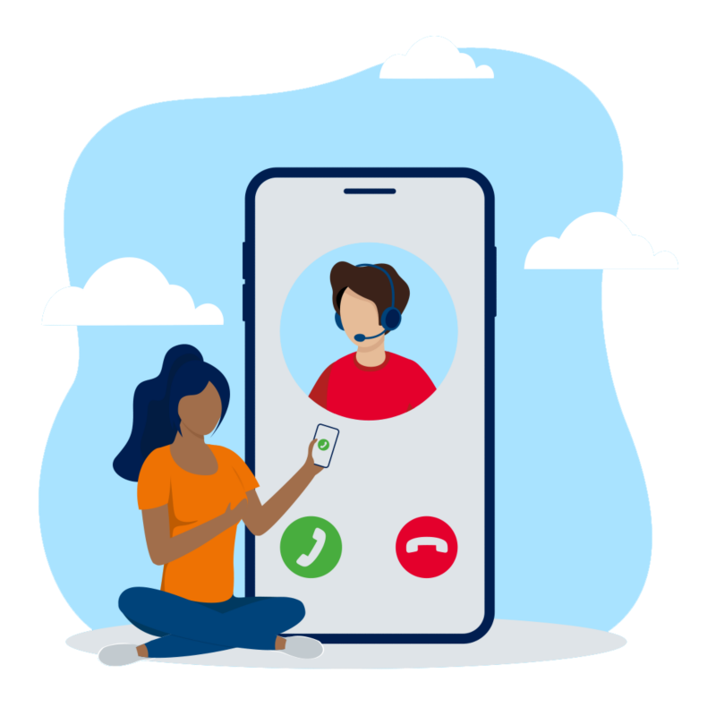 Symbolic image for Volkswagen Hotline: Woman sitting in front of body-sized smartphone with hotline preview