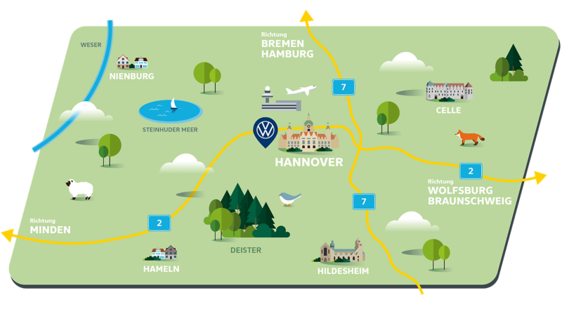 Karte mit Anfahrtswegen zum Werk von Volkswagen Nutzfahrzeuge in Hannover