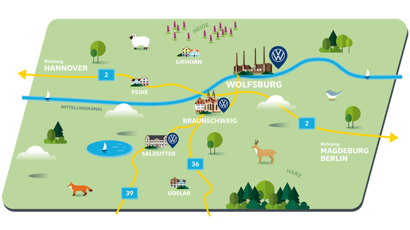 Karte mit Anfahrtswegen zum Werk von Volkswagen Nutzfahrzeuge in Wolfsburg