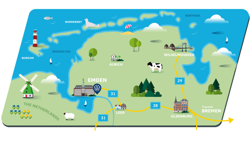 Stylized map of the region around VW's location Emden with the cities Aurich, Wilhelmshaven, Leer, and Oldenburg, the North Sea with the island of Borkum, as well as the highways
