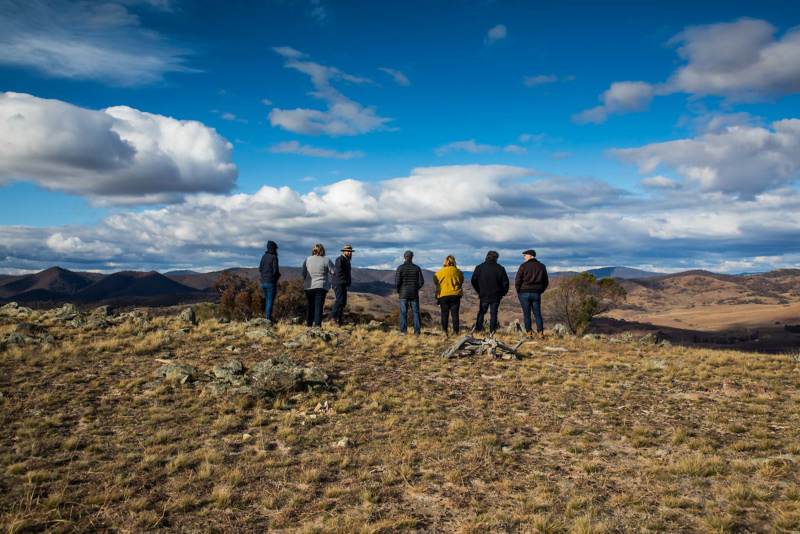 Group of people looking over Australian farmland