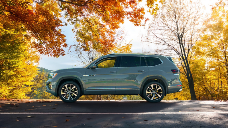Silver SUV parked on a quiet road surrounded by colorful autumn trees, with sunlight shining through the leaves, creating a warm and scenic fall atmosphere.