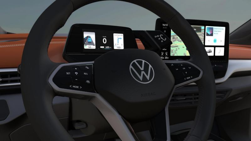 Multifunkcyjna kierownica Volkswagen z przyciskiem do włączenia IQ Drive Travel Assist.