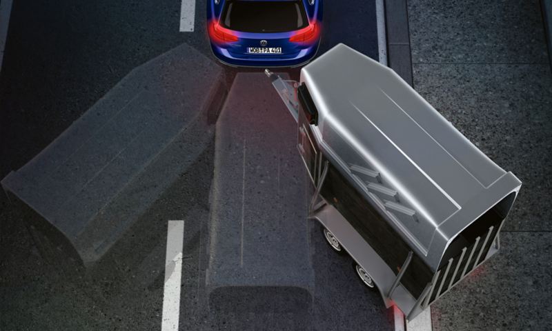 Schematische Darstellung des optionalen Anhängerrangierassistenten „Trailer Assist“: VW Passat Alltrack mit Pferdeanhänger