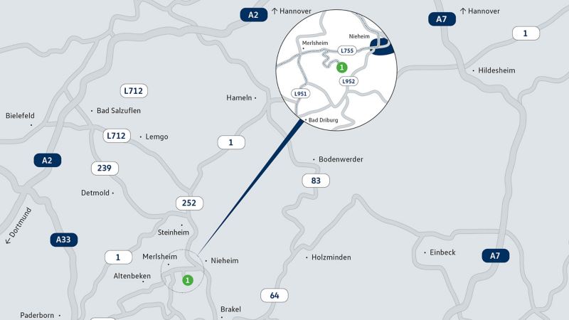 Karte zeigt das Ziel eines Veranstaltungsortes der VW Driving Experience – BILSTER BERG Drive Resort