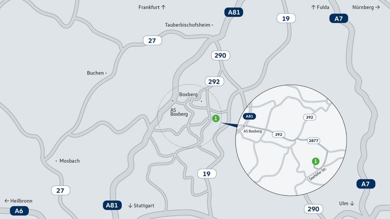 Karte zeigt das Ziel eines Veranstaltungsortes der VW Driving Experience – Prüfzentrum Boxberg