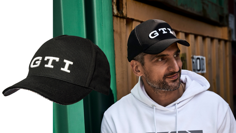 Man is wearing VW GTI cap with “GTI” lettering and GTI hoodie
