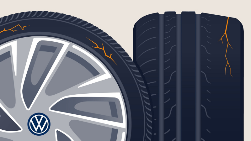 Illustration of tyre damage: Cracks, ruptures and porous areas