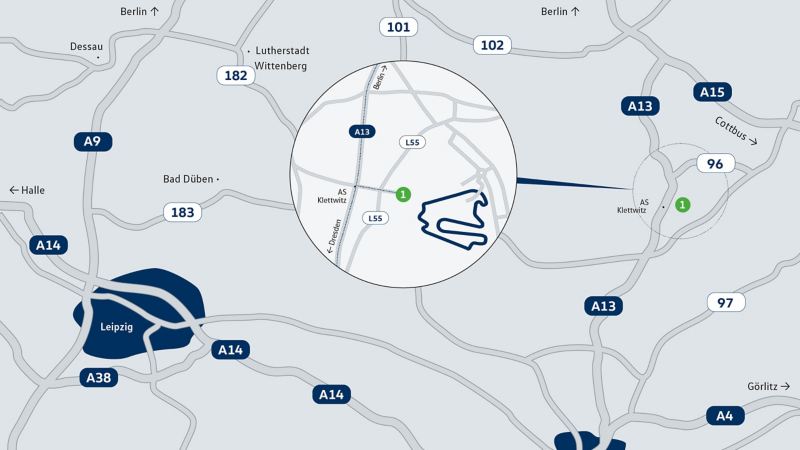 Karte zeigt das Ziel eines Veranstaltungsortes der VW Driving Experience – DEKRA Automobil Test Center