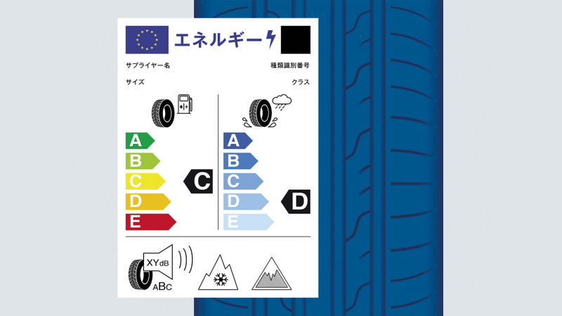 タイヤのサプライヤー、種類識別番号、サイズ、クラスなどに関する情報が記載されたEUタイヤラベル