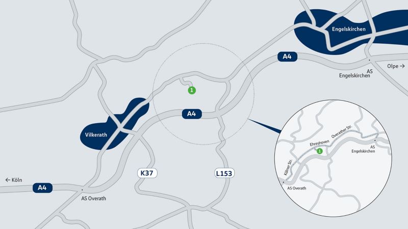 Karte zeigt das Ziel eines Veranstaltungsortes der VW Driving Experience – Schloss Ehreshoven