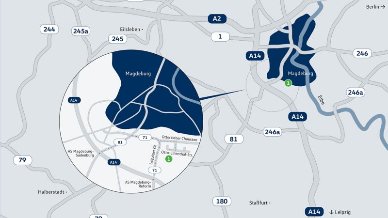 Map shows the destination of an event location of the VW Driving Experience – FMB Flugplatz Magdeburg