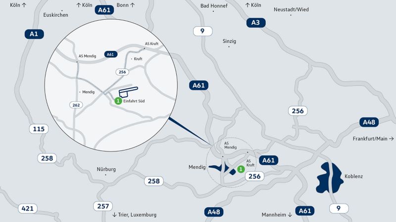 Karte zeigt das Ziel eines Veranstaltungsortes der VW Driving Experience – Test Event Area