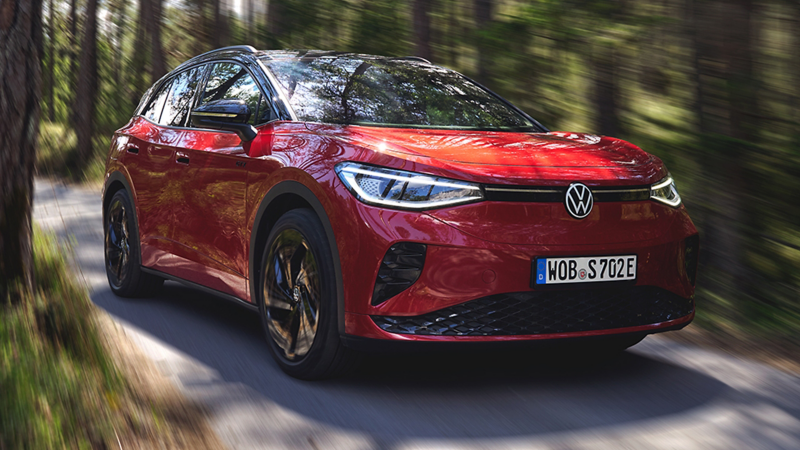 VW ID.4 GTX drives on a forest road