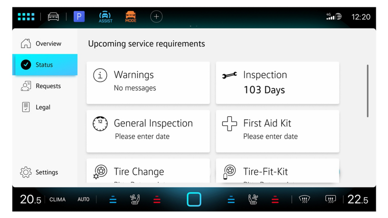 Bildschirm des Infotainment-Systems mit Serviceübersicht in der In-Car App Fahrzeugservice.