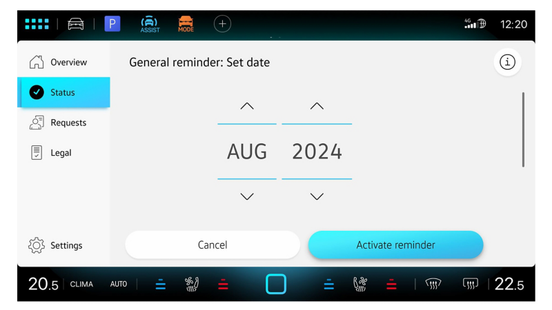 Bildschirm des Infotainment-Systems mit Terminauswahl in der In-Car App Fahrzeugservice.