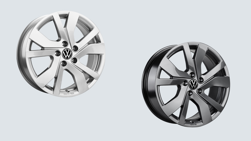 Two “Rockingham” rims from VW Accessories, 17-inch rim in Brilliant Silver and 18-inch rim in Adamantium Dark