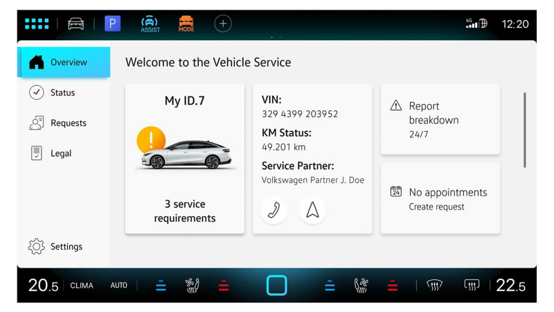 Ekrānā tiek rādīts vispārīgs pārskats In-Car lietotnē „Automašīnas serviss“ 
