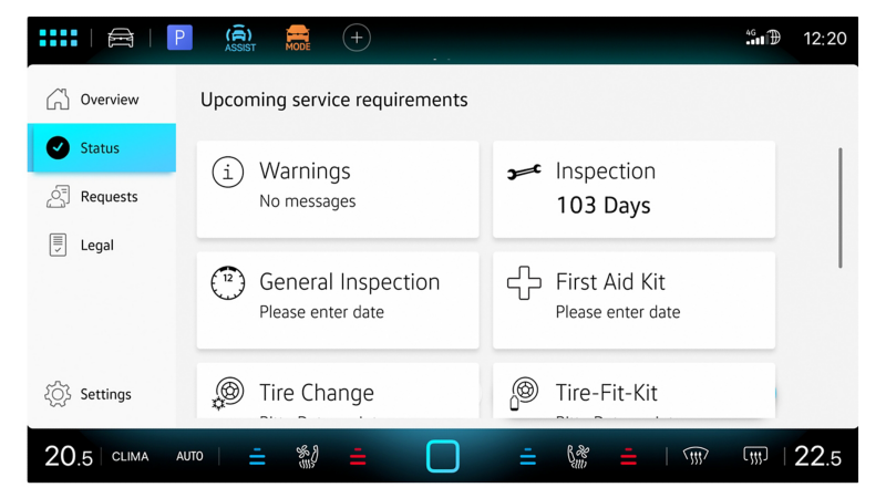 Screen zeigt Übersicht vom Fahrzeugstatus in der In-Car App Fahrzeugservice.