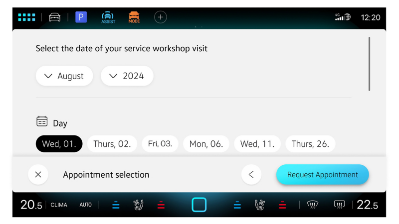 Screen zeigt In-Car App Fahrzeugservice mit Auswahlmenü für Wunschtermin.