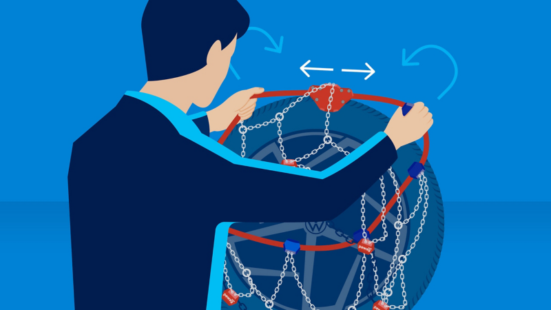 Illustration de l’utilisation de la bague de serrage rouge : guide de montage des chaînes à neige