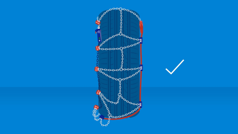 Illustrazione visiva di come deve essere posizionato l'anello di serraggio delle catene da neve tra lo pneumatico e la strada per assicurarsi che le clip non siano attorcigliate.