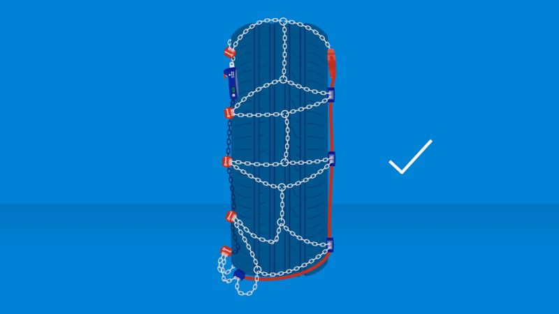 Illustration de la bonne position du câble élastique : guide de montage des chaînes à neige