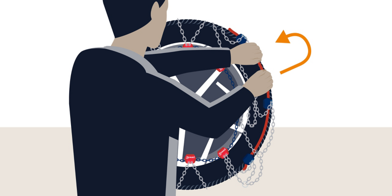 Une illustration d'un homme en train de monter des chaînes à neige sur un pneu de voiture, avec une flèche orange indiquant le sens d'enroulement.
