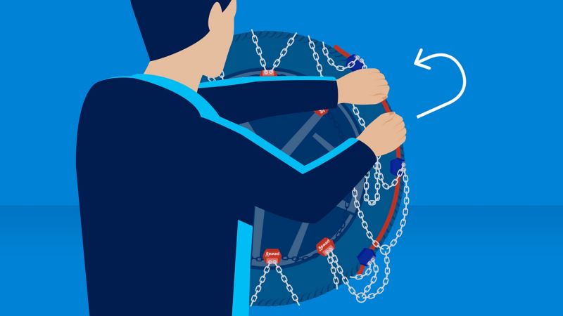 Illustration de la fixation finale du câble élastique : guide de montage des chaînes à neige