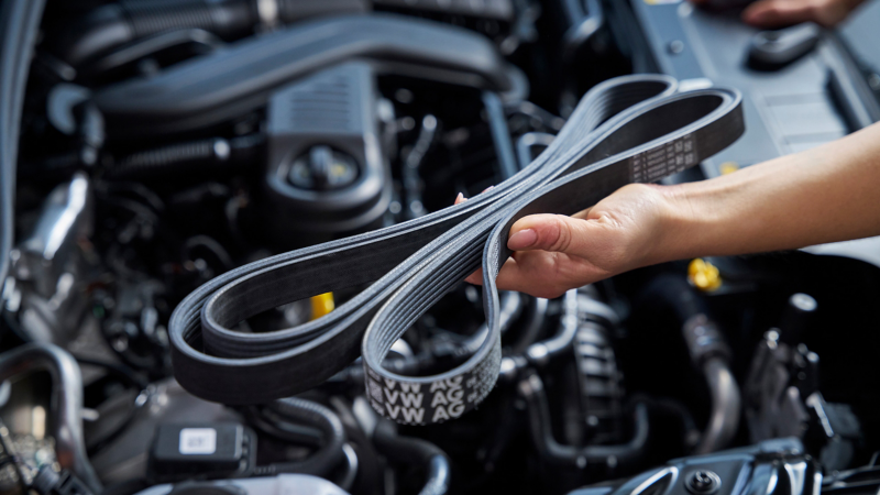 フォルクスワーゲン純正タイミングベルト。背後にはVW車のエンジンルーム