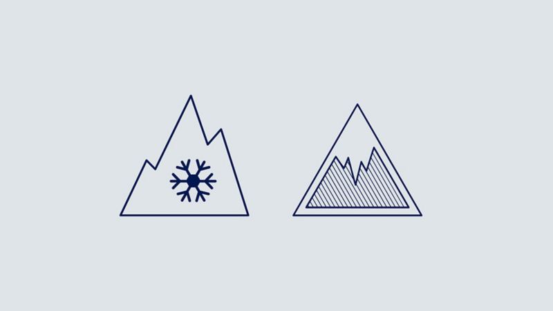 Icone rappresentati una montagna con all'interno un fiocco di neve e una contenente una stalagmite di ghiaccio: nell'etichetta europea per gli pneumatici, esse forniscono informazioni circa l'aderenza dell'auto in condizioni di neve o ghiaccio.