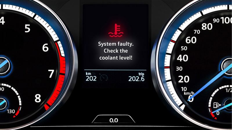 Rood VW-waarschuwingslampje: koelvloeistofniveau te laag, temperatuur te hoog of koelsysteem defect