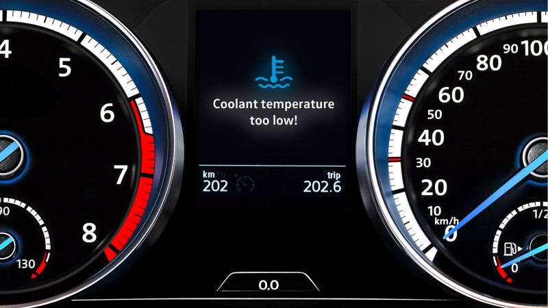 Blauw VW-waarschuwingslampje: koelvloeistoftemperatuur voor CNG- of LPG-motor te laag