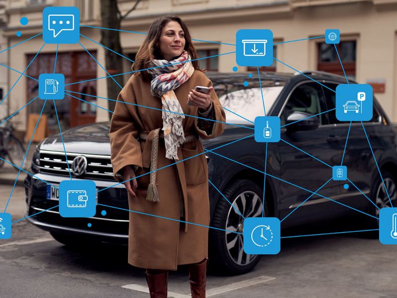Eine Frau steht vor einem parkenden VW Tiguan und nutzt ihr Smartphone mit zahlreichen digitalen Diensten – Volkswagen Mobilitätsdienste