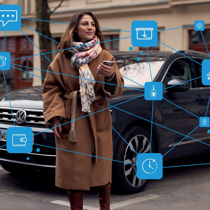 Eine Frau steht vor einem parkenden VW Tiguan und nutzt ihr Smartphone mit zahlreichen digitalen Diensten – Volkswagen Mobilitätsdienste