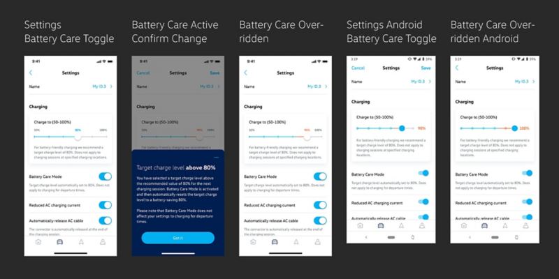 Capturas de pantalla de la ampliación del Modo de cuidado de la batería en un smartphone