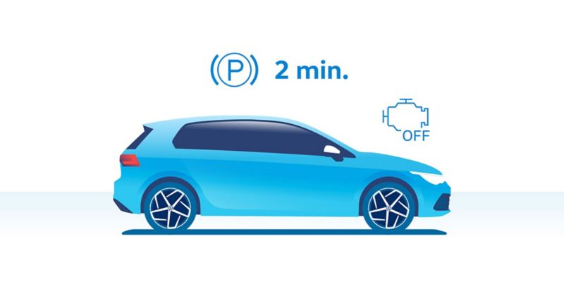 Illustrazione visiva che indica di parcheggiare l'auto a motore spento su una superficie piana e aspettare due minuti così da far raccogliere l'olio nella sua coppa.