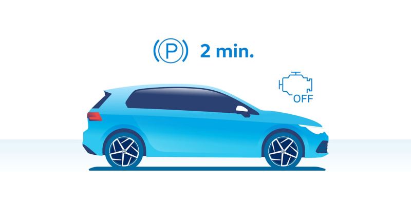 Ilustración de un coche VW y el consejo de apagar el motor: comprobar el nivel de aceite