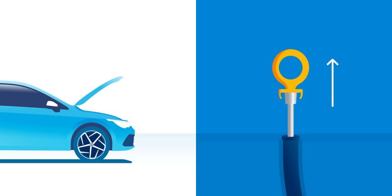 Ilustración de un coche VW con el capó abierto y el consejo de quitar la varilla de aceite: comprobar el nivel de aceite