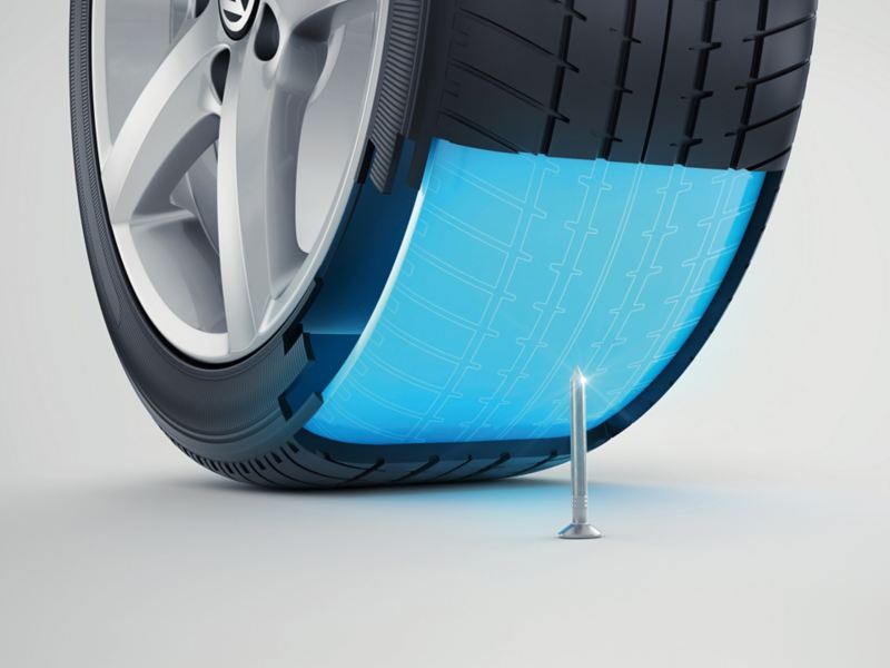 Illustration des Inneren eines AirStop® Reifen mit Seal-Technologie, welche den Reifen im Falle einer Beschädigung vor Druckverlust schützt